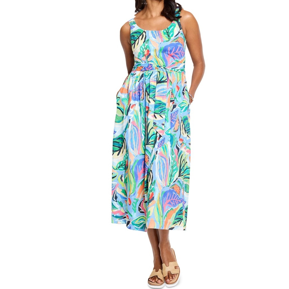 NWT NIC+ZOE Sophie Multicolored Printed Sleeveless-Belted Tropical MIDI Dress